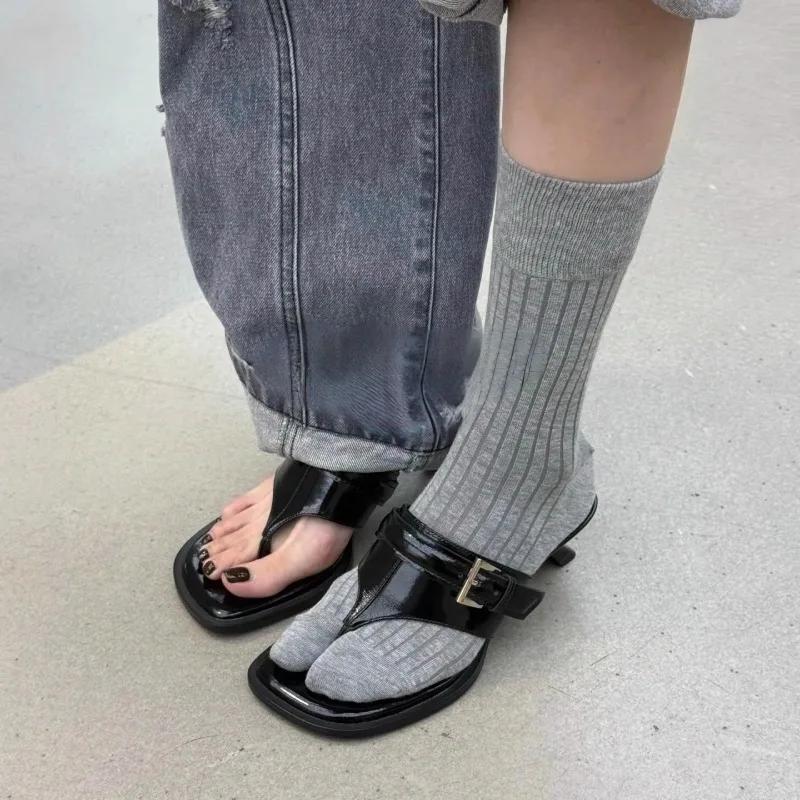 Fashion 2025 New French Small Cool Drag Square Toe Flip Flops Stiletto Slippers for Women