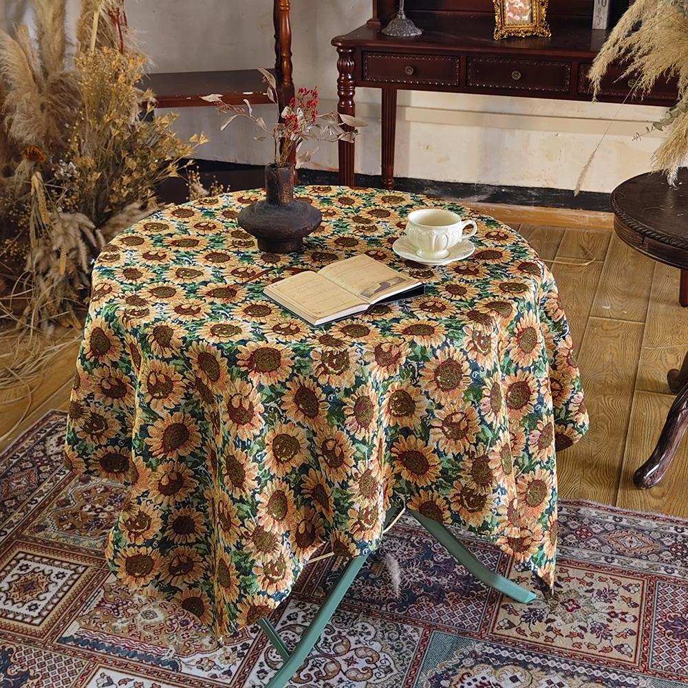 1 PC American Countryside Style Sunflower Round Table Tablecloth, Decorated With Retro Polyester Fiber Rectangular Thick Dust-Pr