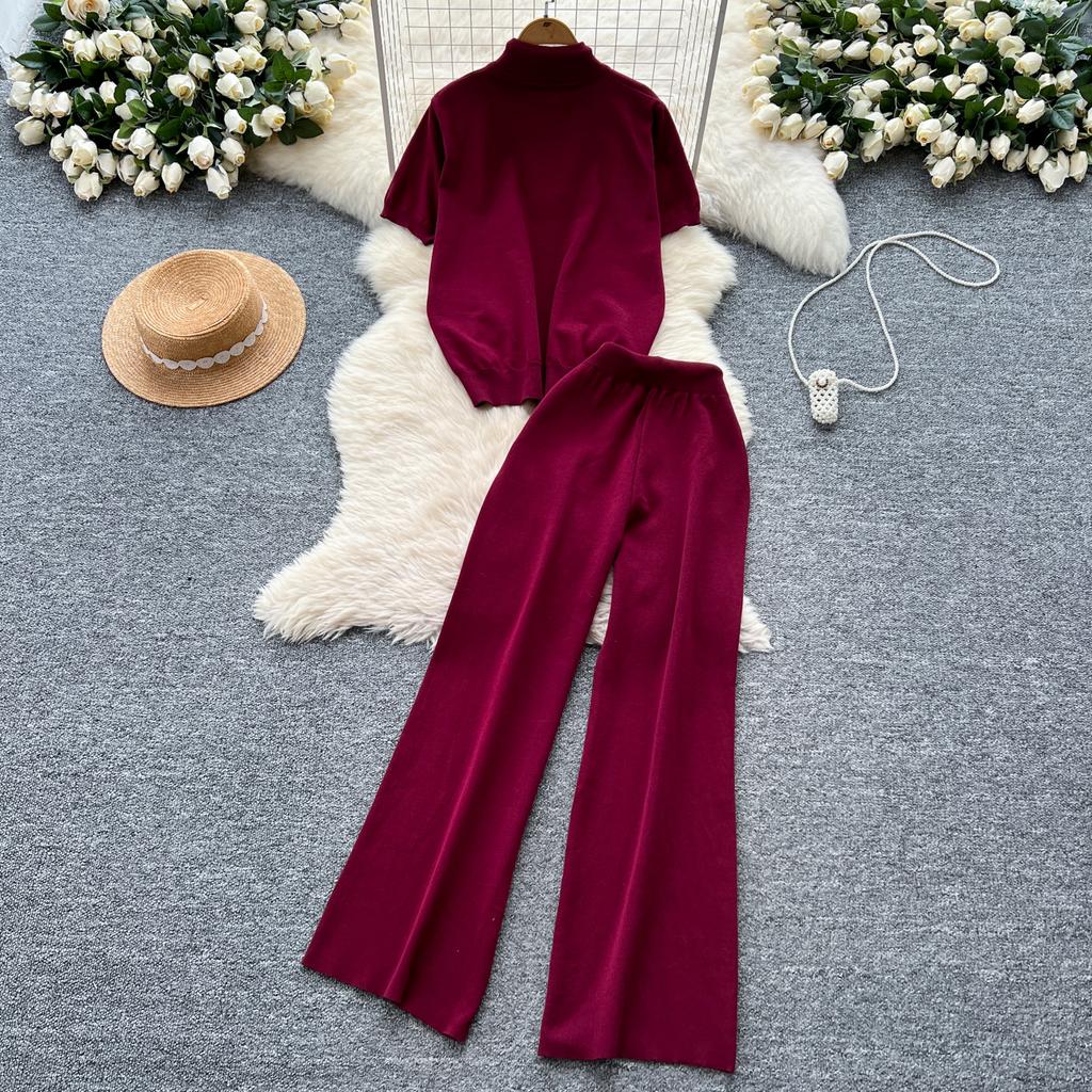 Summer Women Drawstring Knitted Sweater Trouser Two Piece Set Short Sleeve Zipper Pullover Tops and Wide Leg Pant Suit