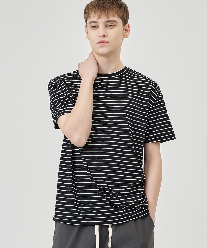 THE-ABON Mulle Striped Stretch Short Sleeve T-Shirt Navy