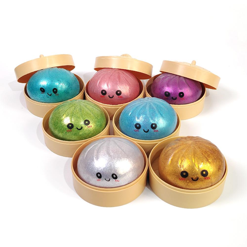 8Cm Glitter Dumpling Squishy With Bead Sensory Squeeze Toy For Stress Relief With Bamboo Steamer Funny Gift Random Color