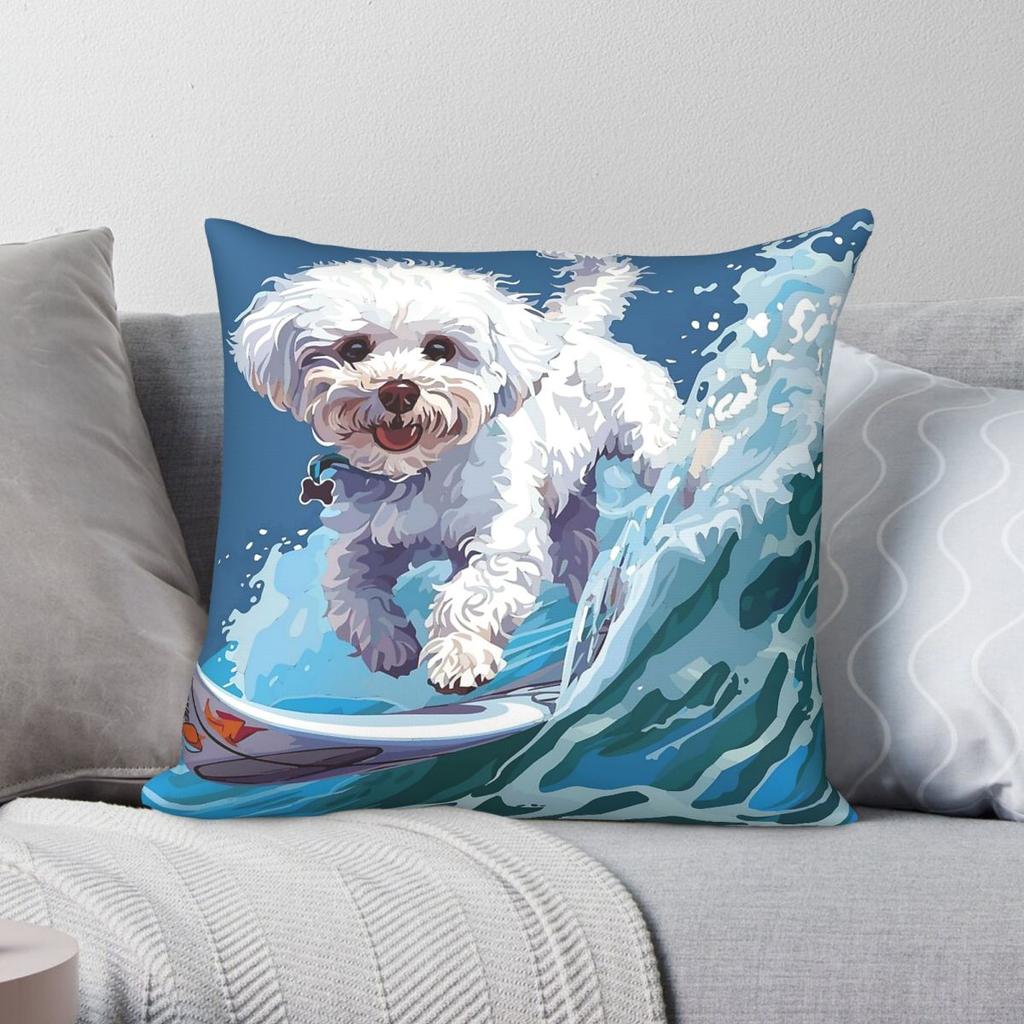 Surfing Bichon Fris Square Pillowcase Polyester Linen Velvet Printed Zip Decor Throw Pillow Case Home Cushion Case