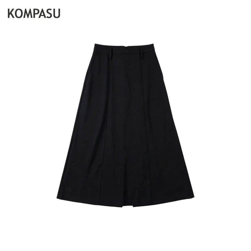 KOMPASU Elegant High-Waist Slit Midi Skirt