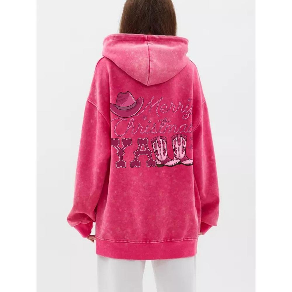 Oversized Womans Washed Hoodie Merry Christmas Boots Print Pullover Comfortable Warm Cotton Sweatshirts Casual Couple