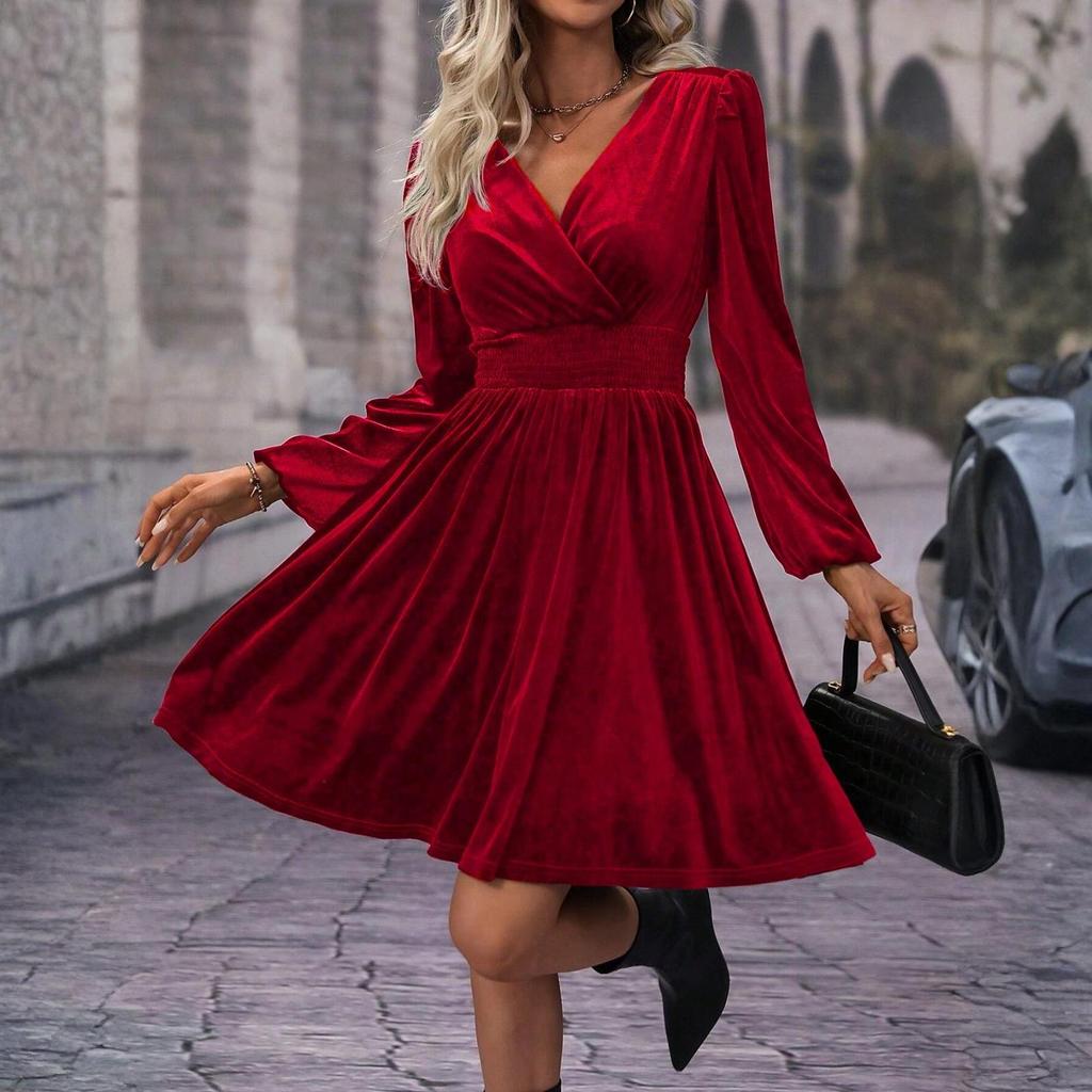 Women's Fashionable Solid Color Long Sleeved V Neck Pullover Casual Dress