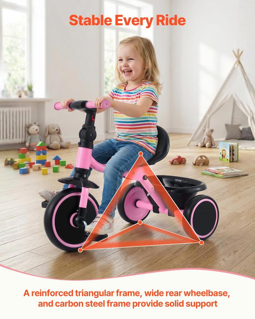 VEVOR Toddler Tricycle for 2-5 Year Old, Folding Kids Trike with Adjustable Seat, Storage, Carbon Steel Frame, Handlebar Grips for Outdoor Play