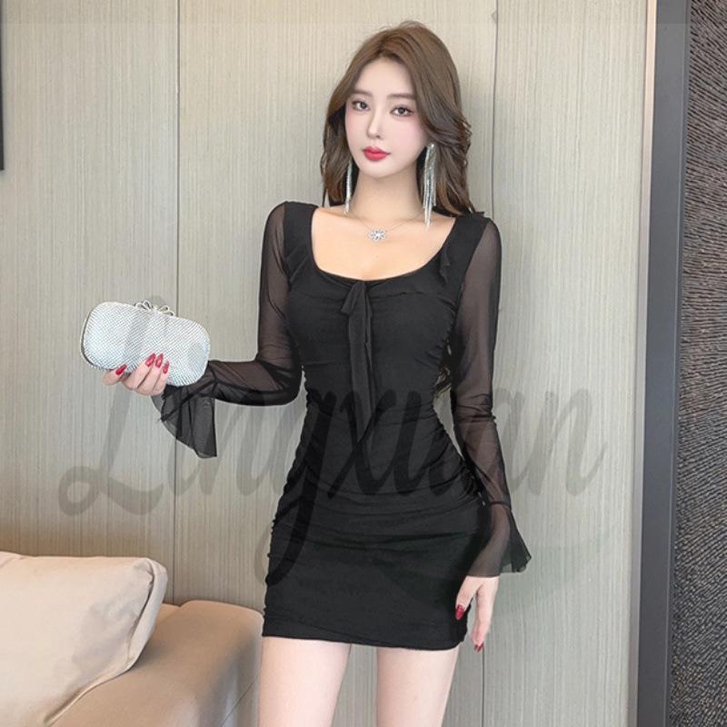 Purple Ruffle Long Sleeve Mesh Dress - Autumn Slim Fit, Waist-Cinching Hip Hugging Skirt