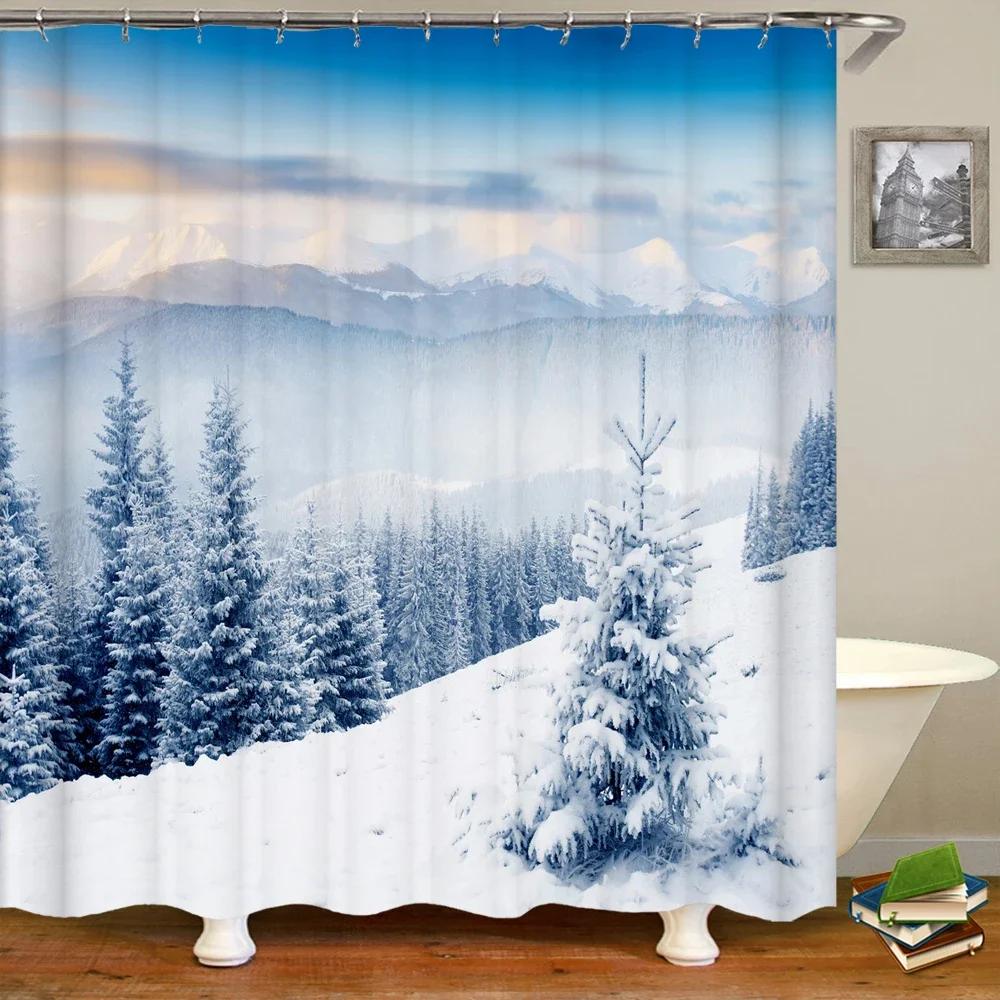 Natural landscape Snowflake Cedar Tree Shower Curtains Bathroom Curtain Frabic Waterproof Polyester Bath Curtain with Hooks