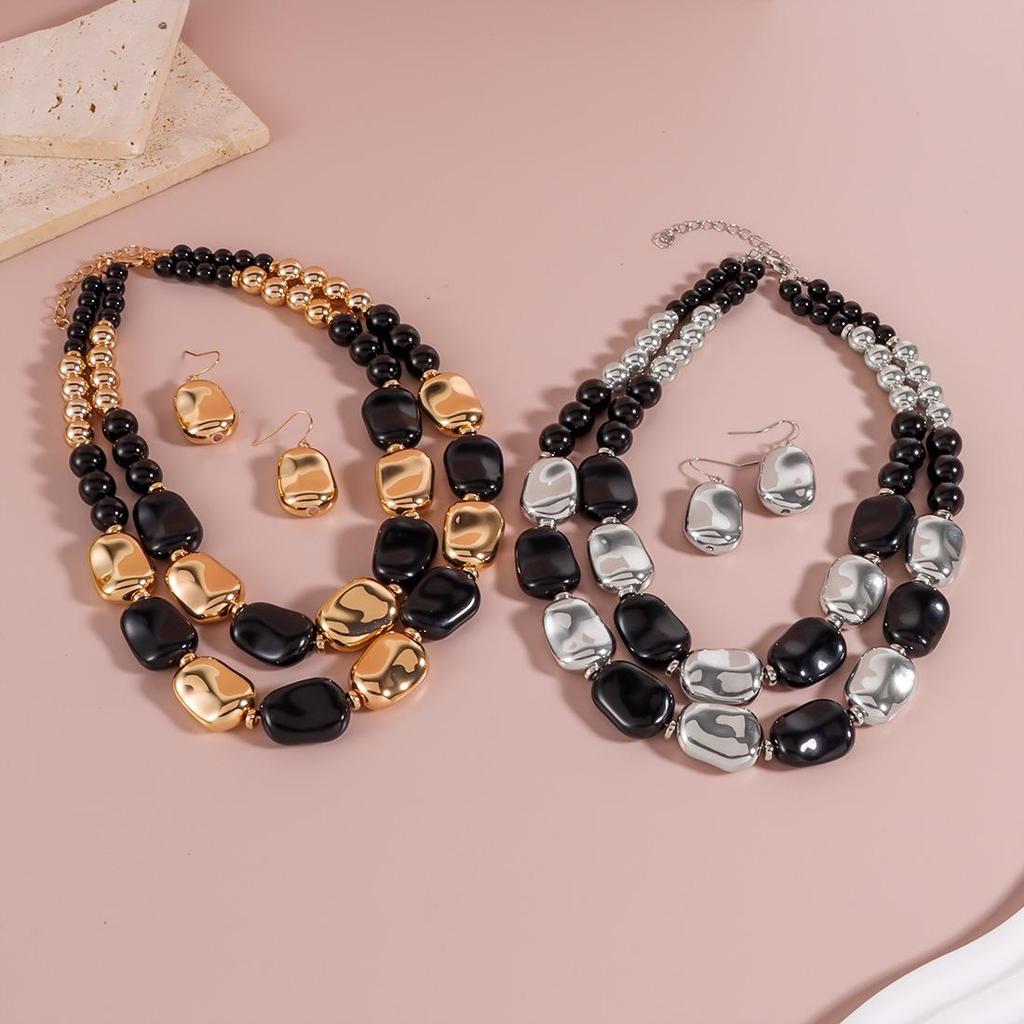 Retro Double Layer Punk Patchwork Beaded Necklace & Geometric Clavicle Chain Earrings Set