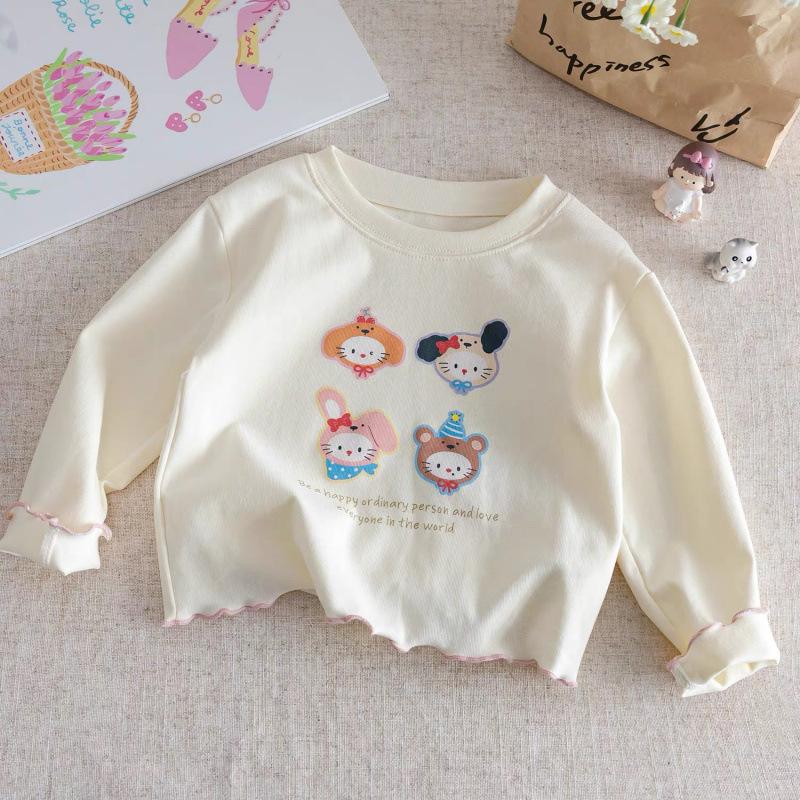 Girls Cotton Long Sleeve T Shirt Spring Autumn Korean Cartoon Print Round Neck Ruffle Hem Baby Top