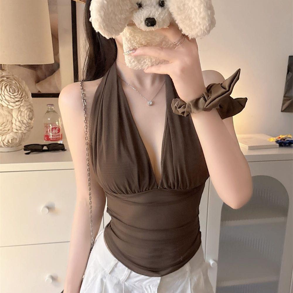 With chest pads, sexy mesh neck sling vest for women's summer spice V-neck pleated waist top