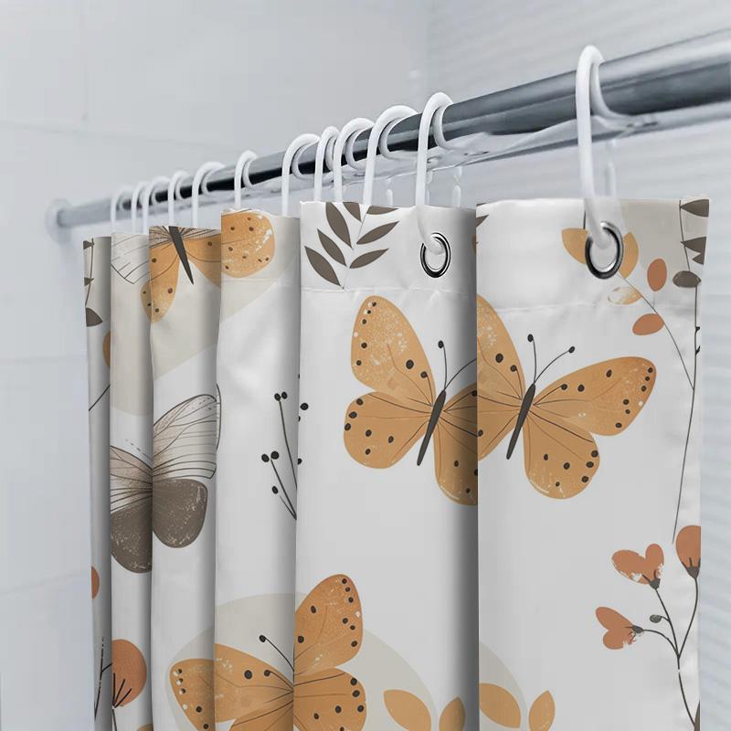 Elegant Butterfly Bathroom Shower Curtain Autumn Leaves Decor Fabric Bath Mat Set For Home Decoration (Black)