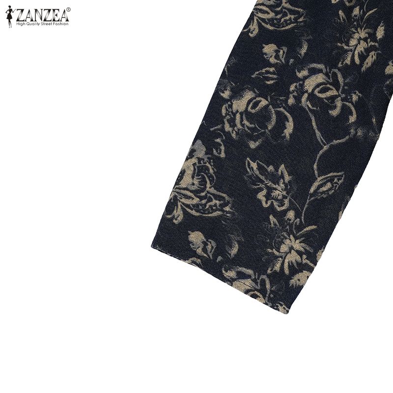 ZANZEA Women Vintage 3/4 Sleeve Lapel  Neck Elegant Buttons Kaftan Floral Maxi Shirts Dress