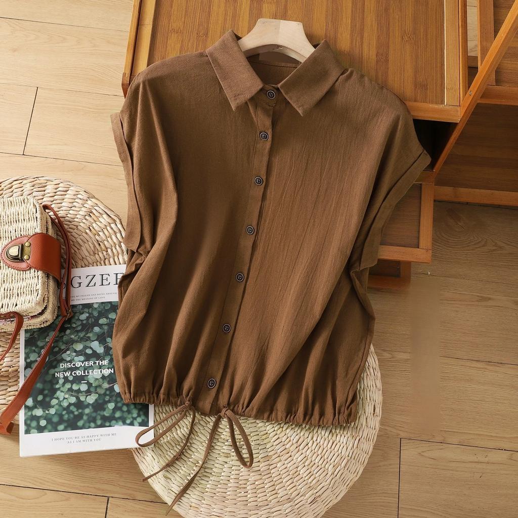Sleeveless Shirt for Women, Drawstring Hem Top Temperament, Lapel Shirt for Women Loose Summer Style Small Shirt