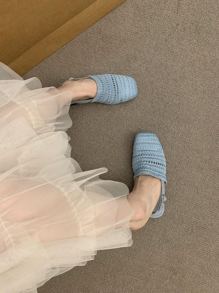 Thick Heel Shallow Mouth Straw Woven Bag Head Empty Sandals Women's Shoes 2025 Summer New Flat Bottom One Word with Cool Single Shoes