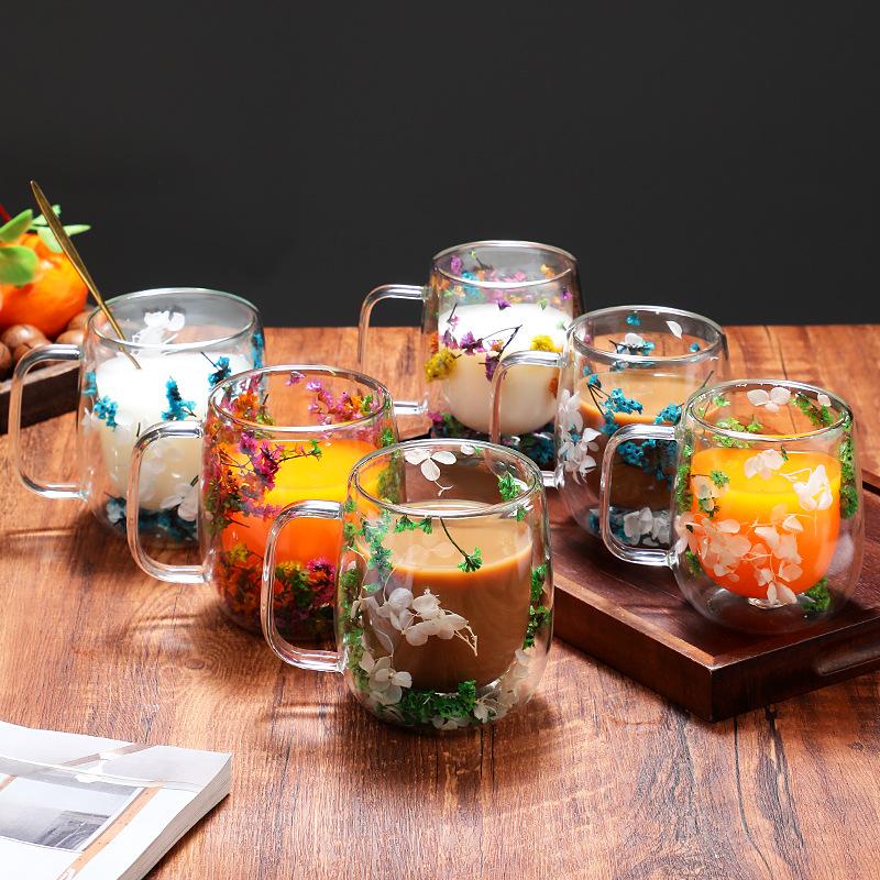 Double Layer Borosilicate Glass Mug with Dried Flower Inside Clear Design for Office Bar Home Coffee Tea Drinkware Gift
