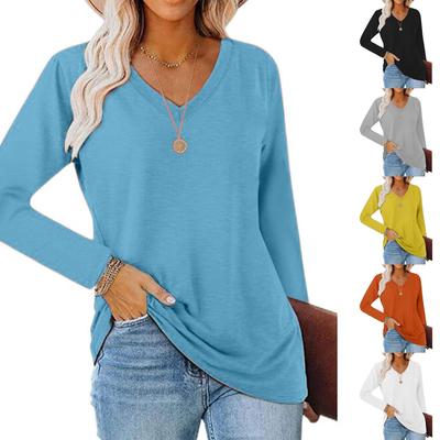 Women's Elegant V-Neck Long Sleeve Casual Loose Top - Solid Color, Spring 2025 Collection