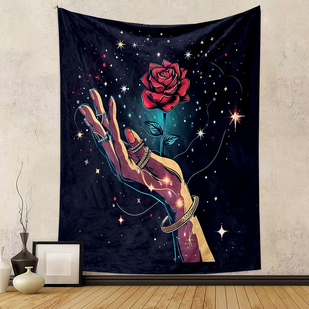 Celestial Hand with Glowing Rose Patterned tapestry home decor, suitable for bedroom and living room, gift