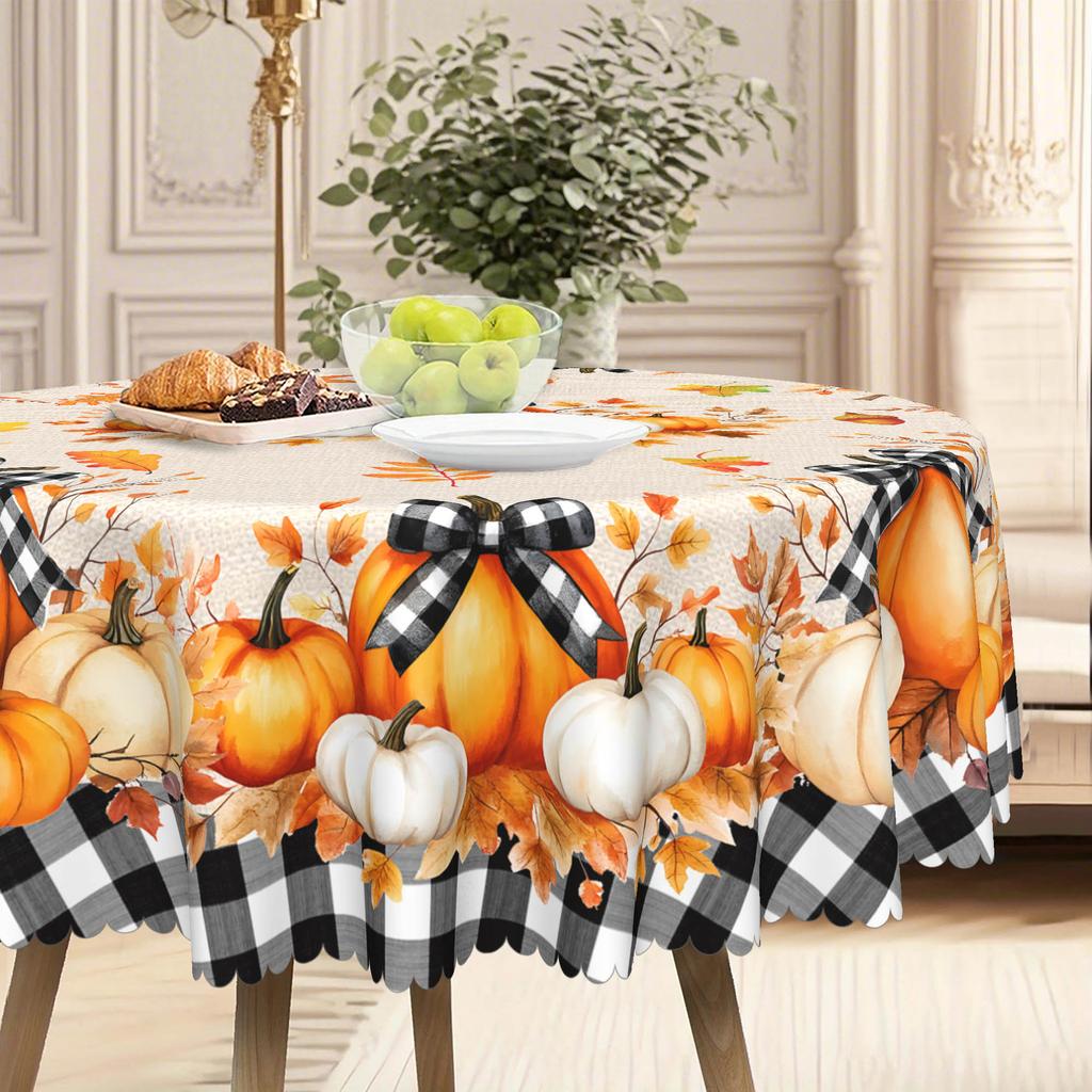 1 Piece, Thanksgiving Tablecloth, Autumn Plaid Round Tablecloth, Pumpkin Maple Leaf Pattern, Autumn Decoration.