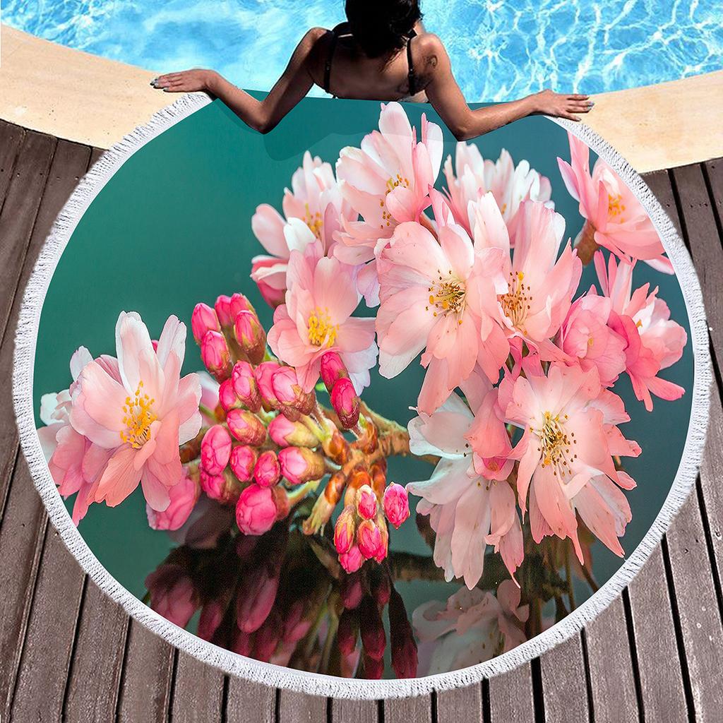 Peach Blossom Pattern Round Beach Towel, Microfiber Lightweight Beach Blanket, Soft Absorbent Quick Dry Pool Towel Picnic Mat