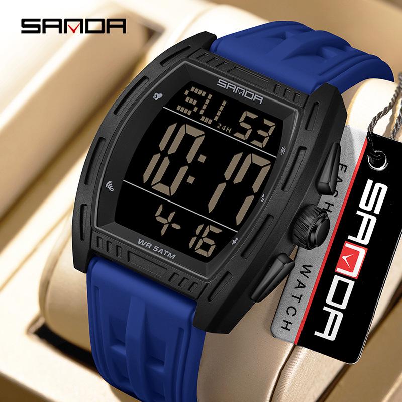 SANDA Men's Multifunctional Dual Time Waterproof Sport Watch - Fashion Tonneau Shape with Snooze Feature