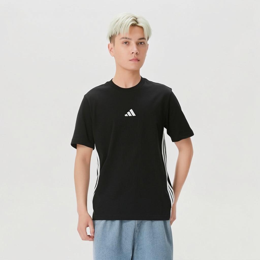 Adidas Essential Striped Comfortable Breathable Skin-Friendly Soft Short Sleeve T-Shirt Men Tops Black JD1906