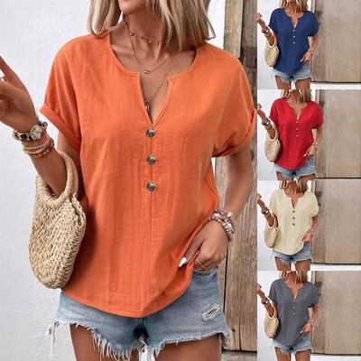 Women Shirts V-Neck Buttons Short Sleeve Loose Blouses Solid Color Casual Summer Tee Shirt Daily Wear Tops Ladies
