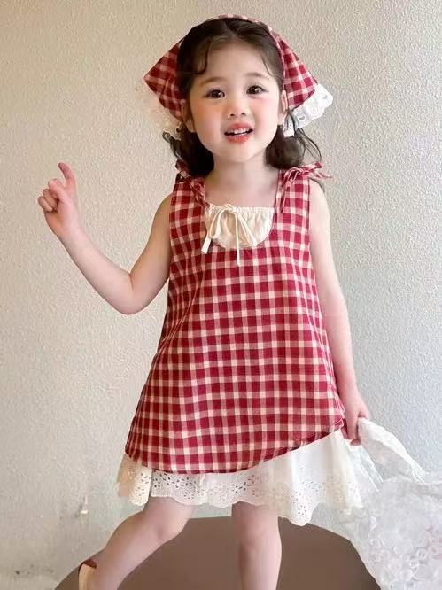 Girls Summer Checkered Sleeveless Dress Korean Casual Sundress for Toddlers and Kids