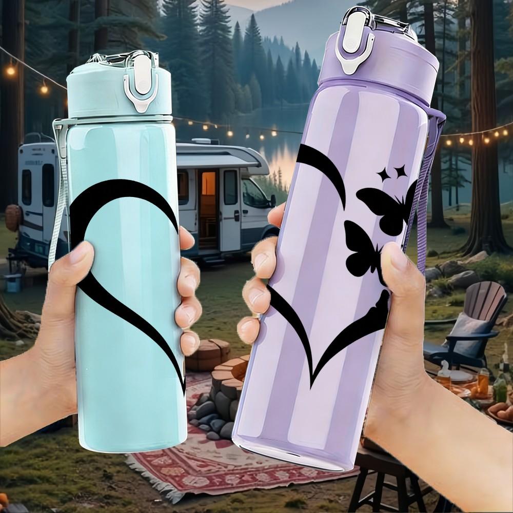 1PC Heart Butterfly Silhouette 750ml Color Plastic Sports Water Bottle Leakproof Flip Straw Lid Suitable for Sports Office Home Use