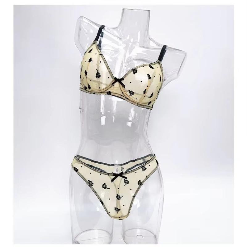 French Ultra Thin Women Underwear Set Sexy Flocking Push Up Bra Summer Ladies 6 Color Mesh Breathable Lingerie and Thong Sets