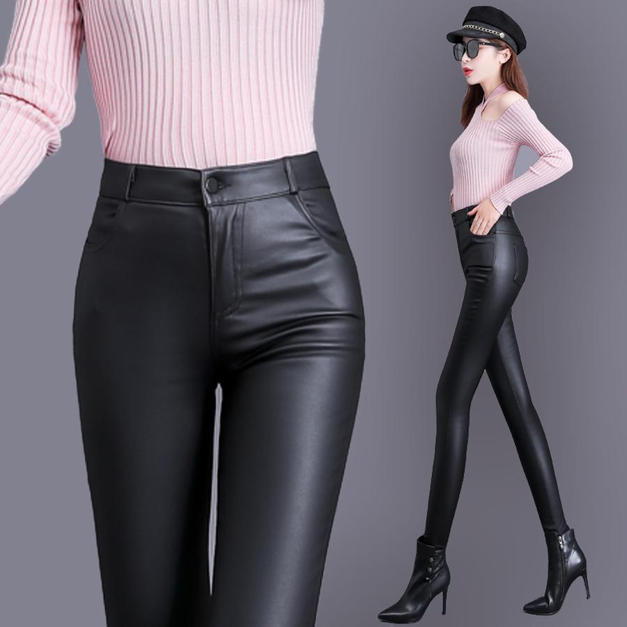 Matte Leather Pants Women Winter Fleece High Waist Leggings for Outerwear Small Feet Bottoms Women