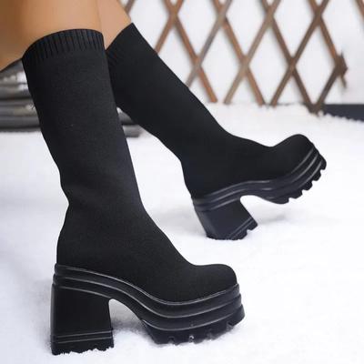 Damenschuhe in Übergröße Modische lange Stiefel mit dicken Sohlen Quadratische Absätze Schmale Schäfte Elastische High Heels Langer Stiefel