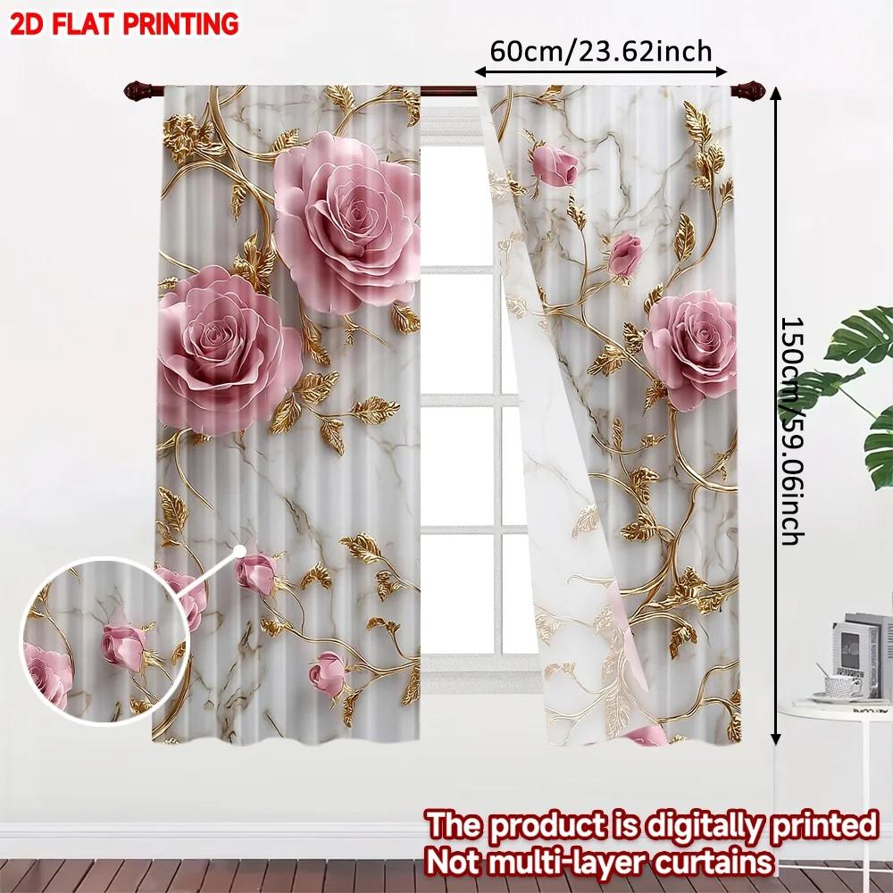 Set Of 2 Elegant Luxury Rose Gold Curtains Pink Roses Golden Vines Marble Background Living Room Decor Curtain Polyester Ideal For