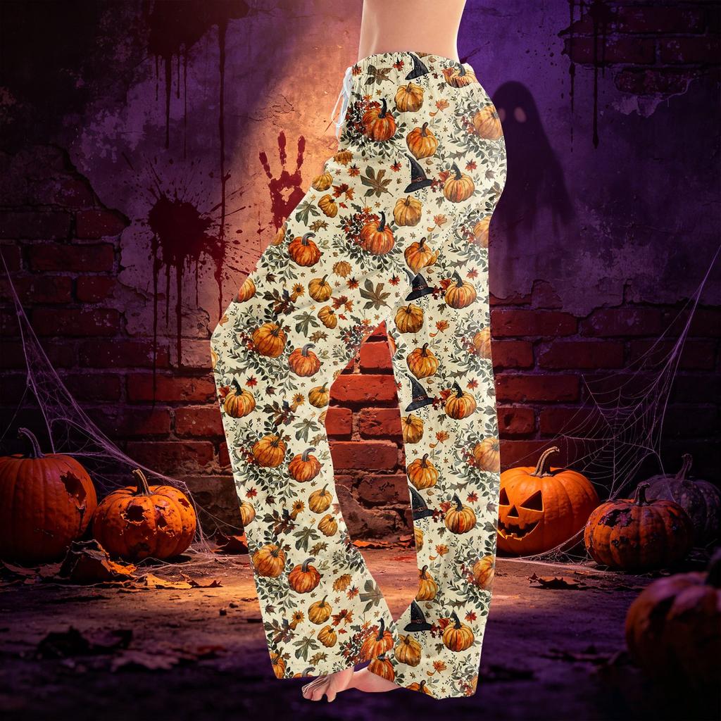 Women Drawstring Waist Halloween Print Long Pants Casual Loose Fit Trousers for Daily Home Lounge Wear