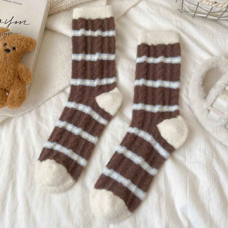 Winter Thick Socks, Women's Striped Color-blocking Warm Fleece Thickened Plush Striped Mid-calf Socks, Home Pile Sleep Socks
