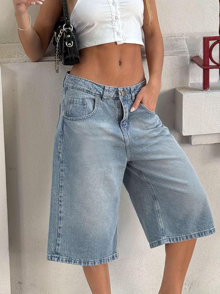 European Retro Distressed Mid-Waist Loose Straight Women's Denim Bermuda Shorts