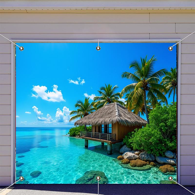 2D plane tropical seaside cottage interior and exterior decoration polyester fiber (as the picture,100x150cm)