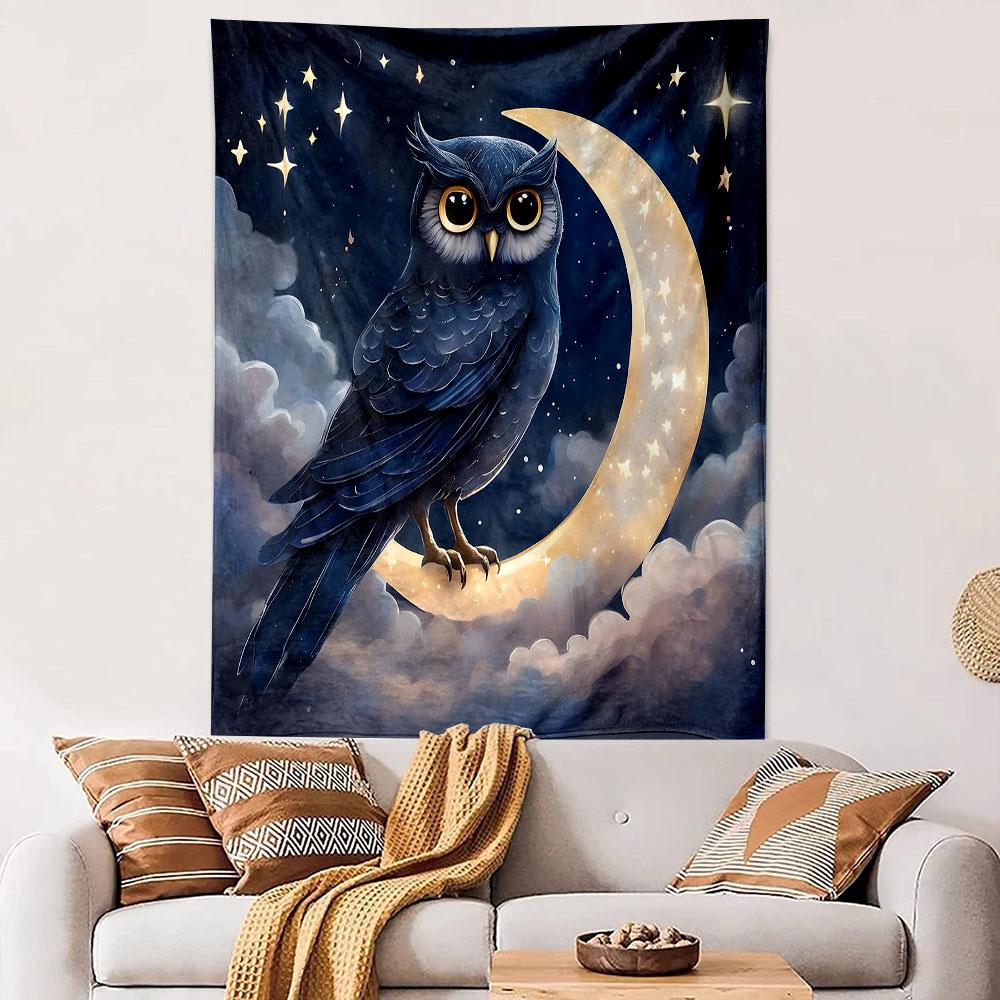 "Owl Perched on a Starry Crescent Moon" Patterned tapestry home decor, suitable for bedroom and living room, gift