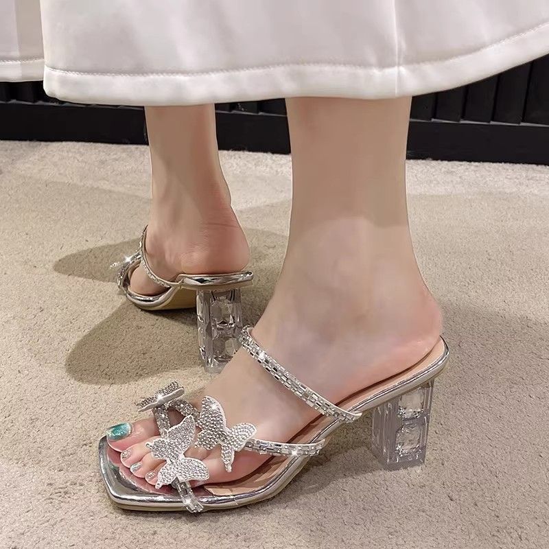 One word with fairy style crystal high-heeled slippers 2025 new niche design butterfly beautiful sandals women's summer wear