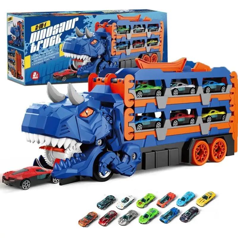 Dinosaurier Transport LKW Spielzeug Rennstrecke Faltbarer Dino Träger Auto Set mit Mini Autos Geschenke für Kinder Jungen Alter 3-5 Kleinkinder Spielzeug