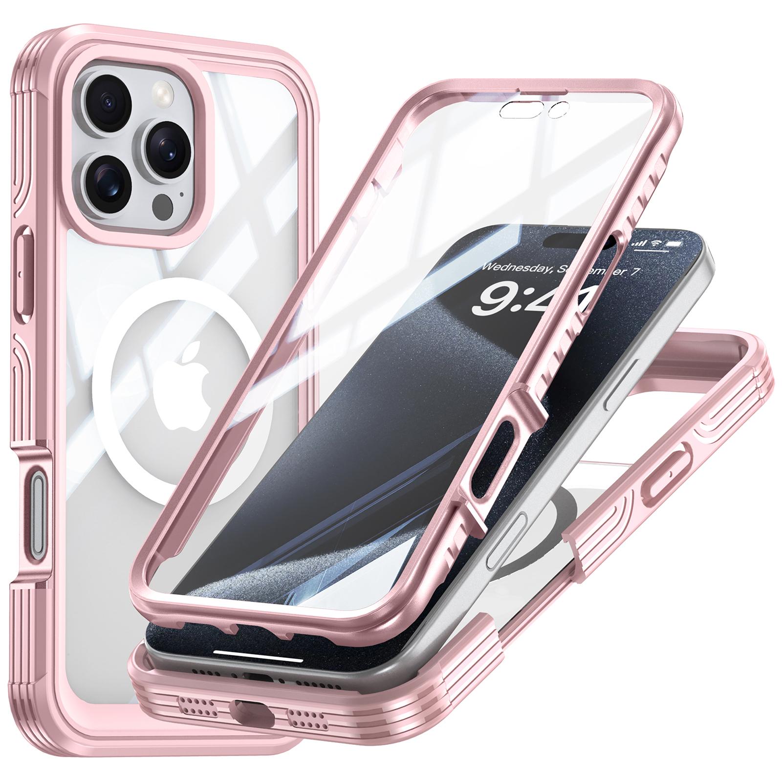 

For iPhone 16 Pro Magnetic Case PC+TPU Full Protection Phone Cover with Screen Film Pink