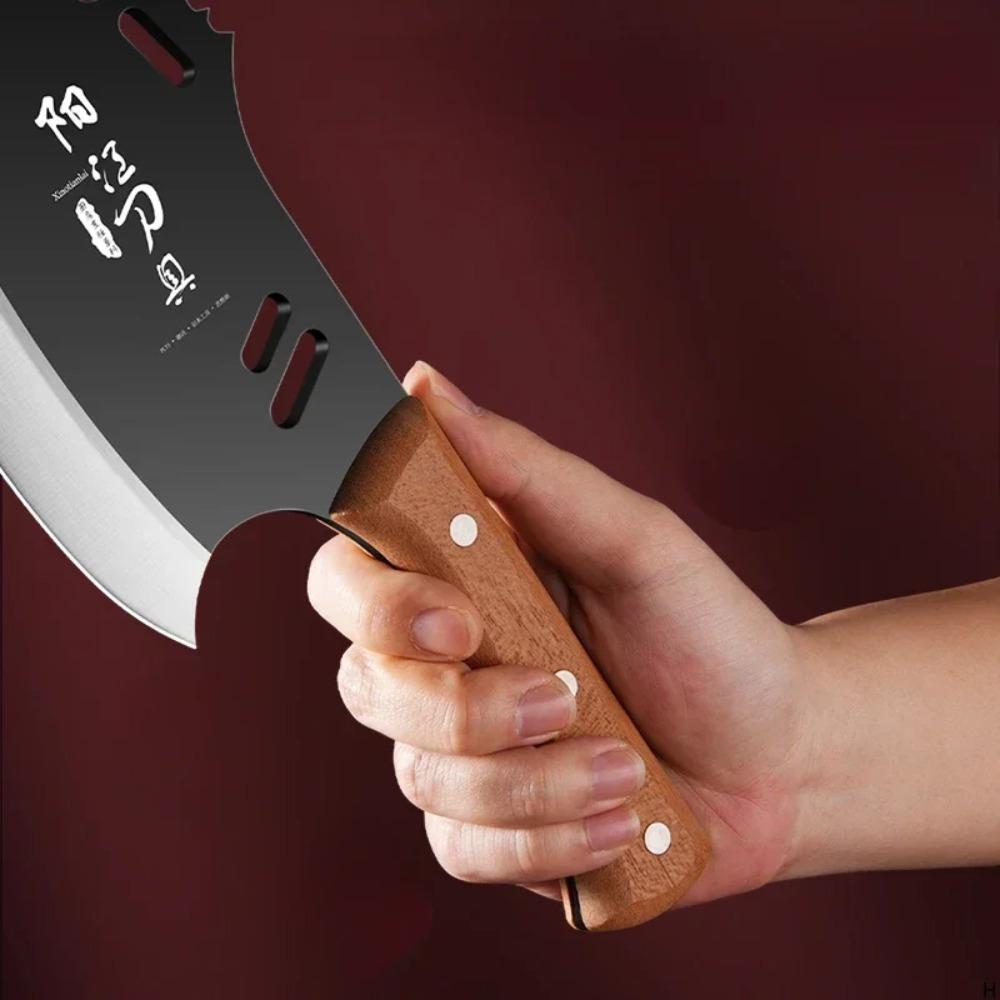 YUJIA A Heavy Bone-crushing Cleaver with A Curved Serrated Blade and A Wooden Handle
