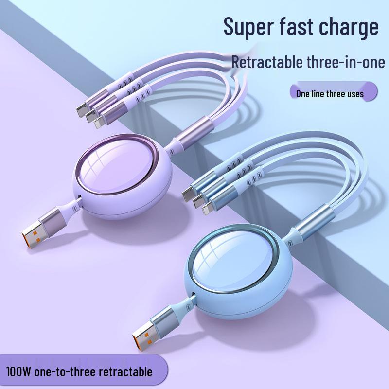 Three-in-One Retractable 6A Fast Charging Cable for Apple, Android, and Type-C Devices