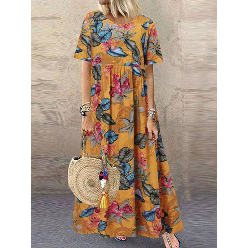 Vintage Floral Print Long Dress With Round Neck And Short Sleeves For Casual Summer Wear