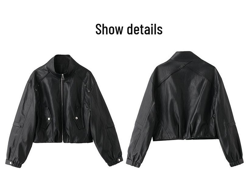 Women's Fashionable PU Leather Stand Collar Jacket, Spring 2025 Collection, Short Style Outerwear