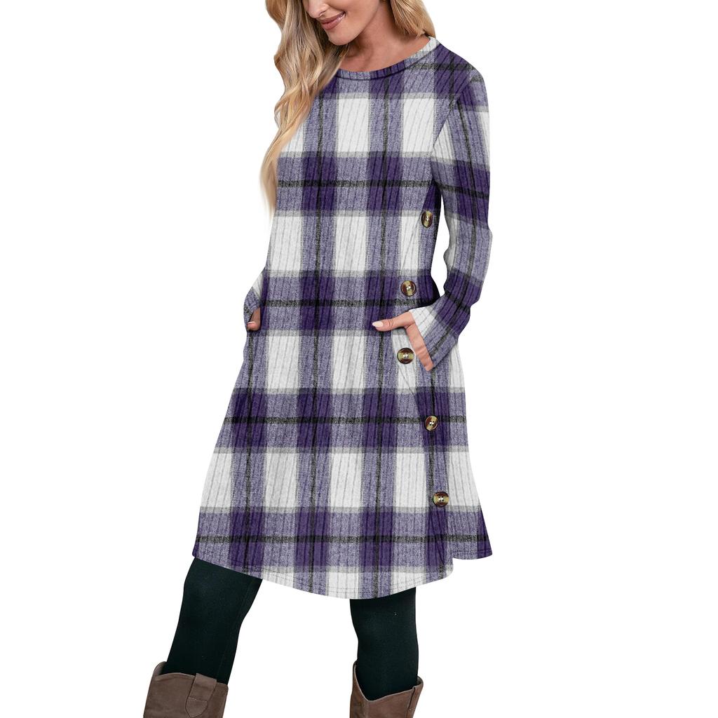 Women's Fashion Casual Long SleeveTunic Dress With Pockets Side Button Dress
