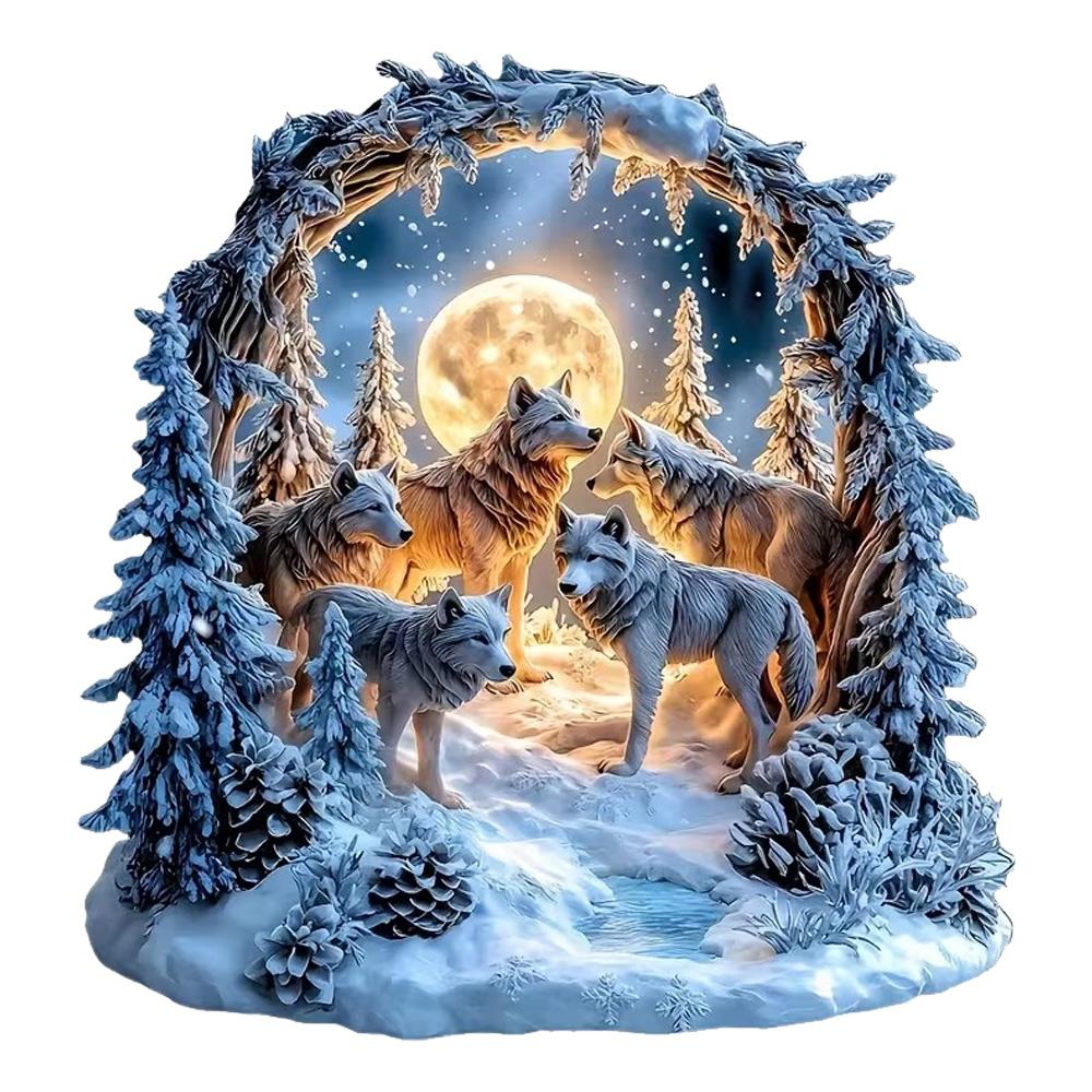 QT2462#Winter Wolf Family Decal with White Wolves & Full Moon Night Scene Car Sticker for Laptop, Truck,Motorcycle, Window 15cm-longest side