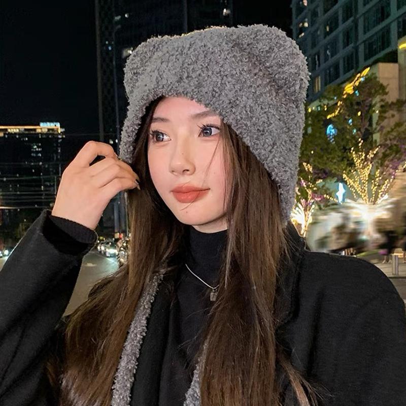 Autumn And Winter Cute Bear Plush Hat Women'S Able Warm Woolen Hat Large Head Circumference Ear Protection Hat