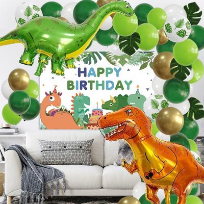 Decoración de fiesta de cumpleaños de dinosaurio, arco de globos, set de guirnaldas, globos de feliz cumpleaños, cortinas de papel de aluminio, recuerdo de fiesta temática de dinosaurio