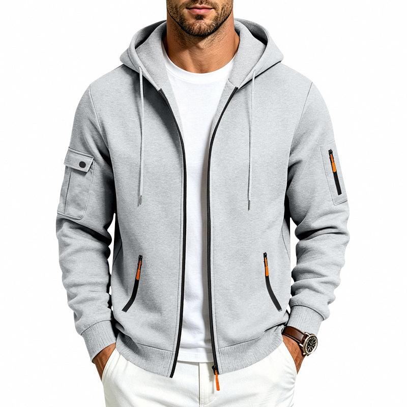 Men's Solid Zip‑Up Hooded Sweatshirt Casual Drawstring Hoodie Jacket Long Sleeve Arm Pocket Sports Outerwear for Male